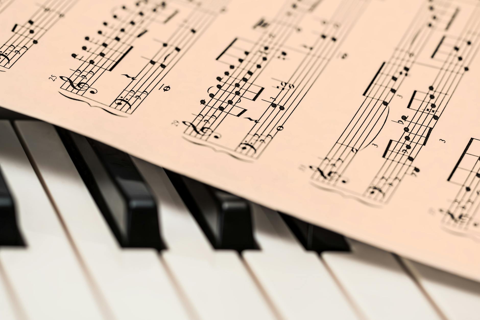 Piano keys and sheet music close up